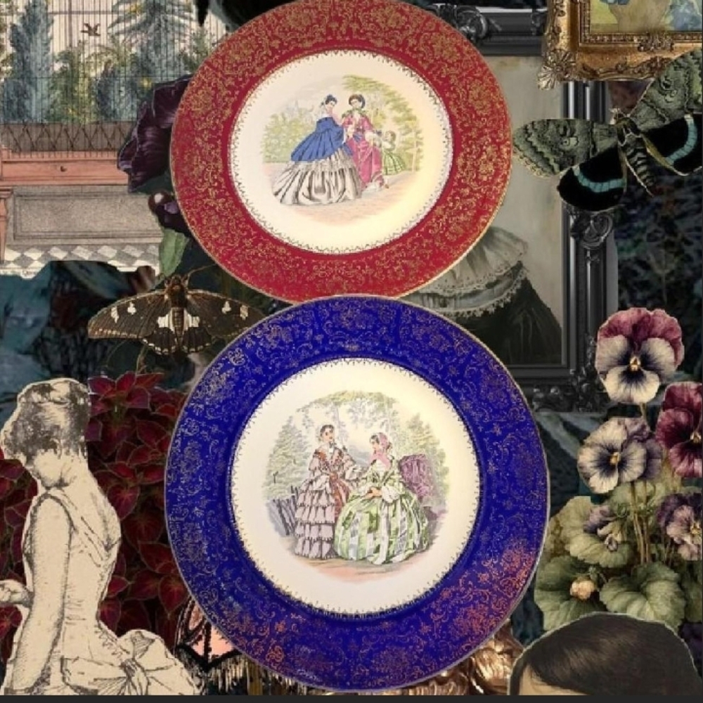 Vtg 40s  Salem China Company purple burgundy Victorian imperial service plates